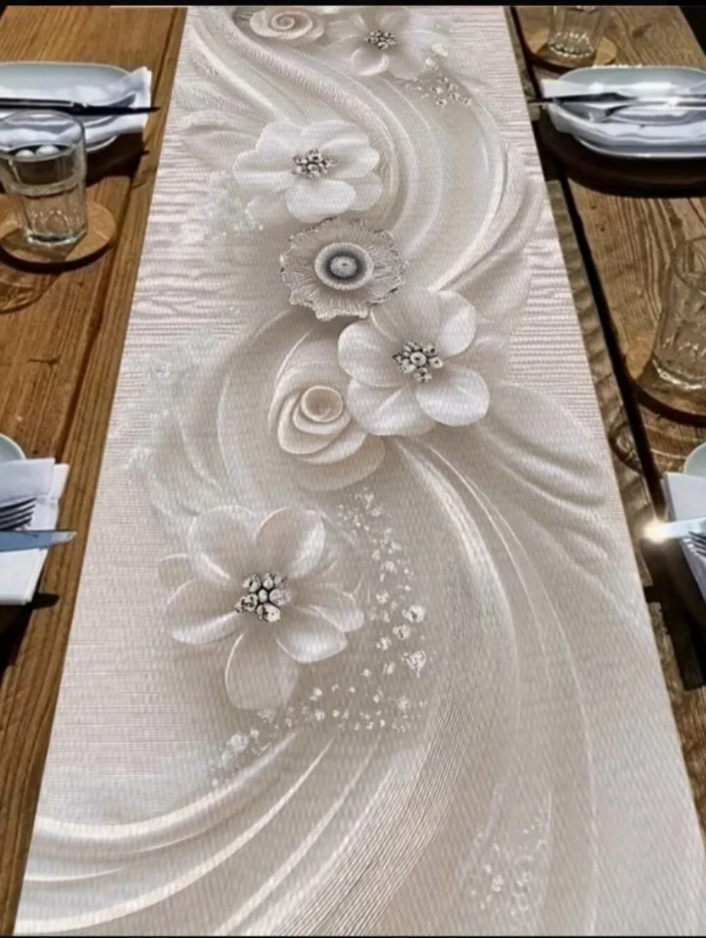 Elegant Ivory Floral Table Runner – Embossed Petal Design